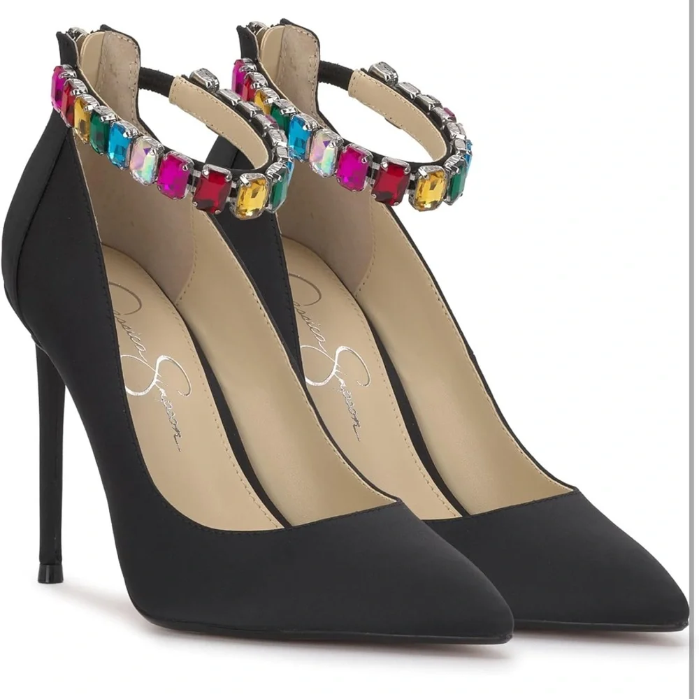 Jessica Simpson Black Heels with Vibrant Gem Strap - Picture 4 of 7